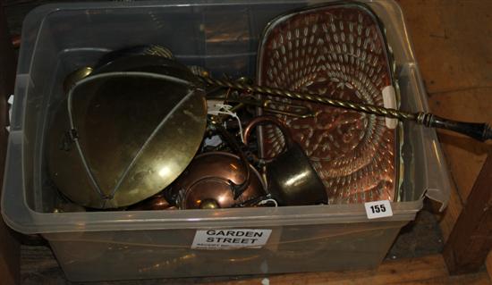 Quantity of copper & brassware, inc 11 brass bells, vesta, miniature mouse, putto door knocker, kettles etc